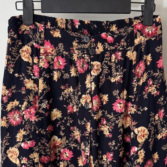 Vintage Cotton Ginny Floral Maxi Skirt Black Pink Midi Cottagecore Button Front - Picture 4 of 9